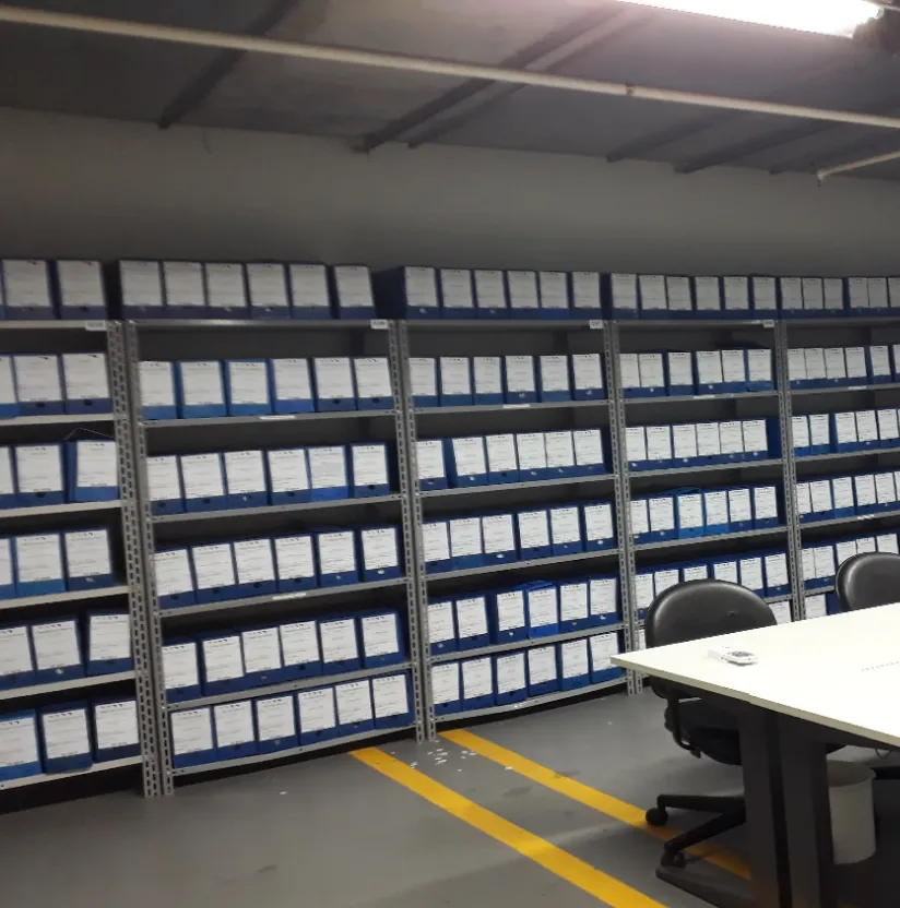 Acervo depois da organização: caixas-arquivo identificadas em estantes